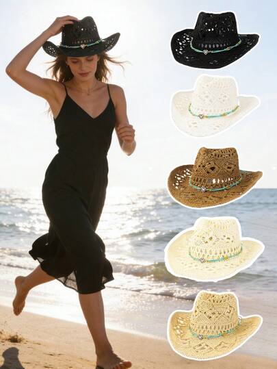 1pc Chic Black Hollow Straw Cowboy Hat, Breathable Crochet Mint Green Rope, Golden Bead, Heart & Butterfly Decor, Retro Wide Brim, Sweet & Cool Vibe, Suitable For Music Festivals, Street Style, Western Outfits, Personalized-Catching Look