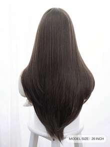 26-Inch Long Synthetic Wig Featuring A Natural Straight Style A Stunning Brown. Designed With Bangs , It Is Crafted From Heat-Resistant Fiber To Ensure Durability. This False Hairpiece Is Perfect For Daily Use, Offering A Natural And Realistic Appearance That Mimics Real Human Hair - Brown - View 3