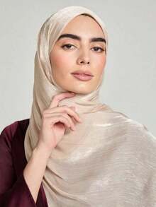 1pc Women Abaya Accessories Solid Color Soft Island Silk Hijab, Conservative Plain Scarf Arab Casual Wear, Daily Use Headband Women - Màu be 2 - Xem 6