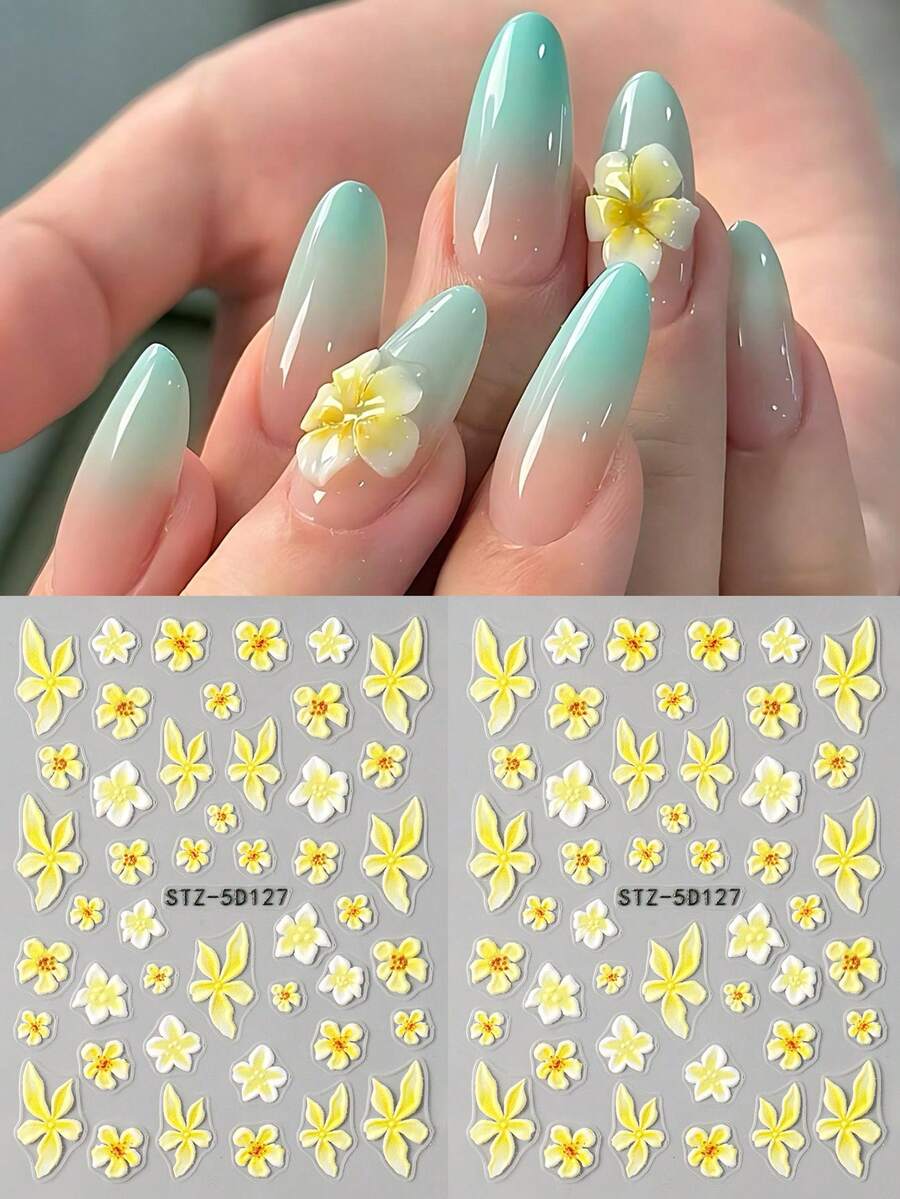 2片装 盛开的花朵岛屿夏季美甲贴纸 黄色鸡蛋花花瓣 5D浮雕美甲贴花 婚礼美甲用品 DIY节日美甲饰品装饰 - 彩色 - 查看 1