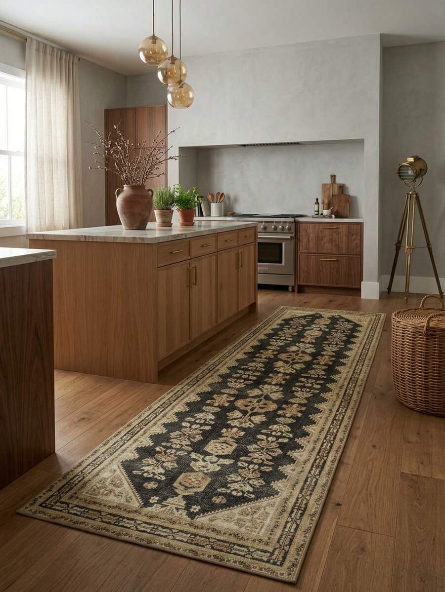 1pc Rug/Carpet/Area Rug/Bath Mat/Bath Rug/Door Mat/Runners/Runner Rug, Black & Gold Color - Vintage Style, Gothic Bohemian Classic Floral Area Rug/Hallway Runner, Suitable For Bathroom, Kitchen, Entryway, Corridor, Bedside, Living Room, Bedroom, Soft & Washable, Home Decor - Multicolor - View 1