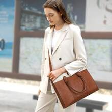 MOSISO Laptop Bolsa Tote para Mujer15.6-16 Pulgadas PU Cuero Bolso de Mano para Trabajo Ordenador Maletín Gran Capacidad Rayas Verticales Dobles Impermeable Bolso de Hombro para Viajes Oficina Marrón - Marrn - Ver 2
