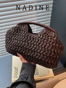 女士时尚镂空度假编织手提包沙滩包 - 咖啡 - 查看 1