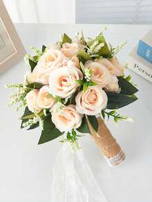 1支新款人造玫瑰手捧花束，适用于伴娘、新娘、婚礼用品、摄影、婚礼仪式、客厅装饰 - 香檳 - 查看 12