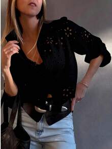 Women's Solid Color Hollow Embroidered Vacation Shirt - Black - View 3