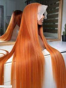 180密度 26英寸巴西骨直发 13x4蕾丝前额真人混纺发高清透明蕾丝前额闭合波波头假发 女士姜橙色 350 - S350 - 查看 3