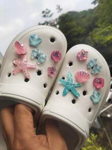 Bộ 12 phụ kiện trang trí giày hình nơ, sao biển, vỏ ngọc trai, trái tim, ngôi sao năm cánh, thích hợp cho dép xăng đan, dép đi biển, dép lê. - Nhiều màu - Xem 7