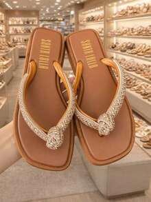 Women's Flat Sandal With Square Toe And Knot Detail, Casual Style - 駝色 - 查看 1