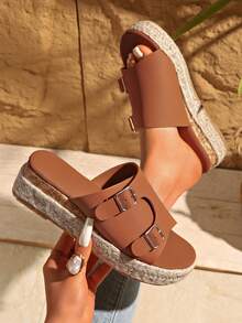 Women's Yellow-Brown Woven One-Strap Wedge Ankle Strap Platform Sandals - Brown - View 2