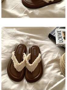 Women's Summer Flat One-Piece Slippers - Open Toe Sandals, Made Of Soft PU Material And Fabric With Tassel Decor. Featuring Lace Trim And Decorative Details On The Vamp, Paired With Rubber Outsole For A Perfect Fit. Suitable For Vacation, Outdoor Activities, Home Wear, Cocktail Parties And Daily Outdoor Events. Brown Beach Style Open Toe Sandals. Runs One Size Larger, Suitable For Wide Feet. - Beige - View 12