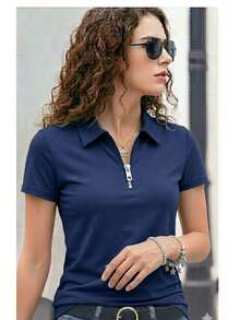 Women's Premium Polo Shirt With Zipper - Navy Blue - View 3