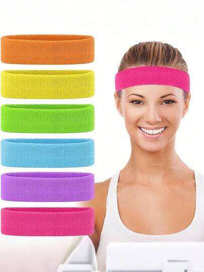 6pcs 80s Headbands For Women, Terry Cloth Sports Headband Neon Sweatbands 80s 90s Party Costume Accessories For Retro Party Decorations Gym Yoga Tennis Running Fitness