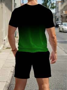 Men's Gradient Letter Print Short Sleeve Crew Neck T-Shirt And Drawstring Shorts Set, Comfortable Casual Outfit, 100% Polyester, Lightweight And Breathable Fabric - 卡其色 - 查看 7
