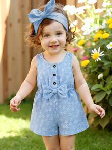 Baby Girls' Cute Solid Color Round Neck Sleeveless Bow Decor Button Design Half-Placket Romper, Suitable For Home, Daily Wear And Outings, Spring/Summer - Blue - View 4