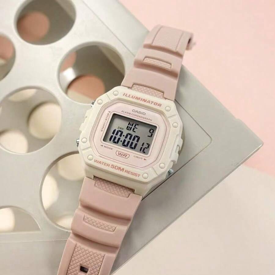 Casio W-218HC Nude Pink Square Digital Watch 50M Waterproof Shockproof LED Light Multifunctional Student Sports Wristwatch - one-size - View 1