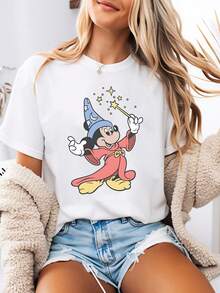 Disney-Style Women's Printed T-Shirt Featuring A Minimalist Mickey Mouse Design With A Vintage-Inspired Cartoon Print. This Round-Neck Summer Top Is Crafted From Soft, Comfortable 100% Cotton Fabric, Perfect For Everyday Wear, Outdoor Activities, Or Shopping. It Also Makes An Ideal Choice For Women's Vacation Attire. - White - View 1