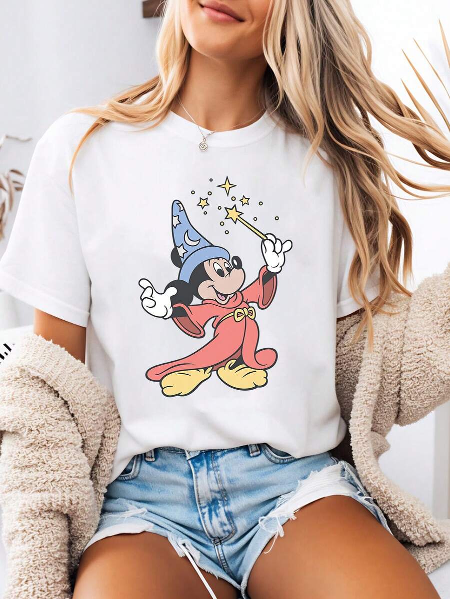 Disney-Style Women's Printed T-Shirt Featuring A Minimalist Mickey Mouse Design With A Vintage-Inspired Cartoon Print. This Round-Neck Summer Top Is Crafted From Soft, Comfortable 100% Cotton Fabric, Perfect For Everyday Wear, Outdoor Activities, Or Shopping. It Also Makes An Ideal Choice For Women's Vacation Attire. - White - View 1