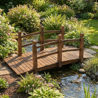  COSTWAY Wooden Bridge With Railing, Garden Fir Wood Bridge, Pond Bridge Loadable Up To 220 Lbs, Stable Decorative Bridge, Brown, 59 X 26.5 X 22