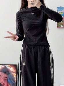 adidas originals TIGHT 運動修身長袖插肩袖T卹女款 - 黑色 - 查看 2