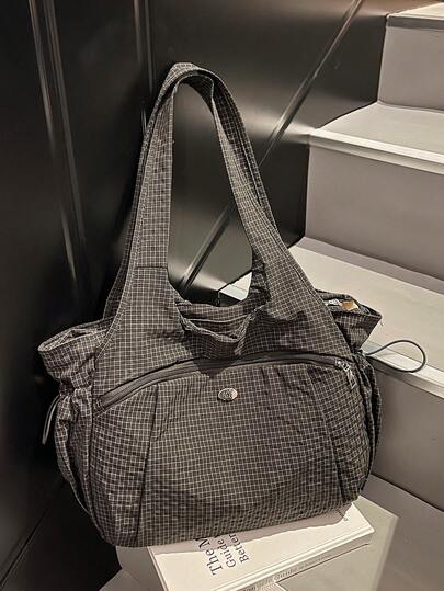 1pc Black Plaid Shoulder Bag, Lightweight Foldable Zipper Closure, Suitable For Daily Use, School/College Style, Large Capacity Tote Bag With Multiple Pockets, Drawstring & Pleated Fabric Decor