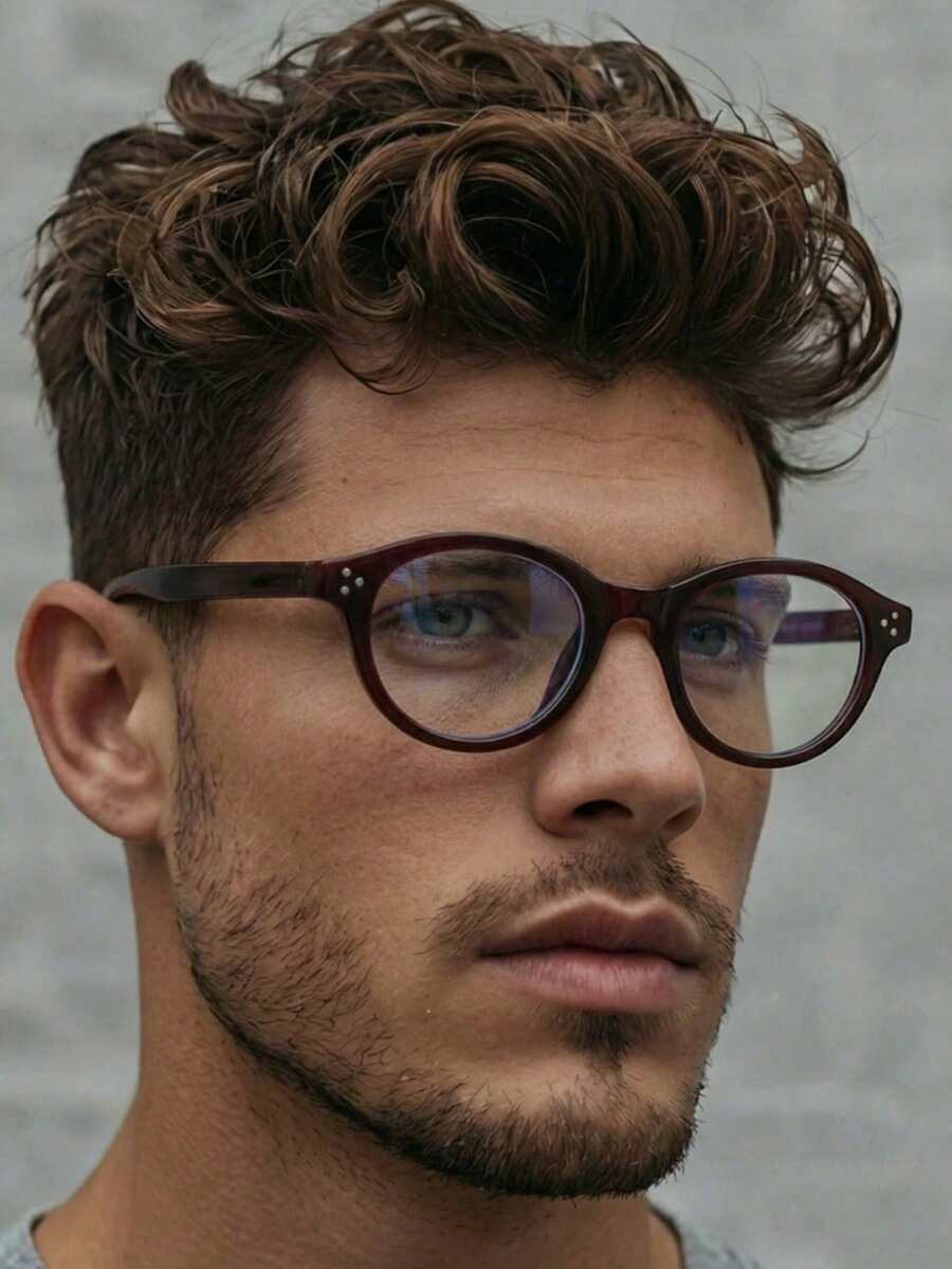 1副男士酒红色椭圆形休闲复古眼镜，日常佩戴电脑眼镜 - 彩色 - 查看 1