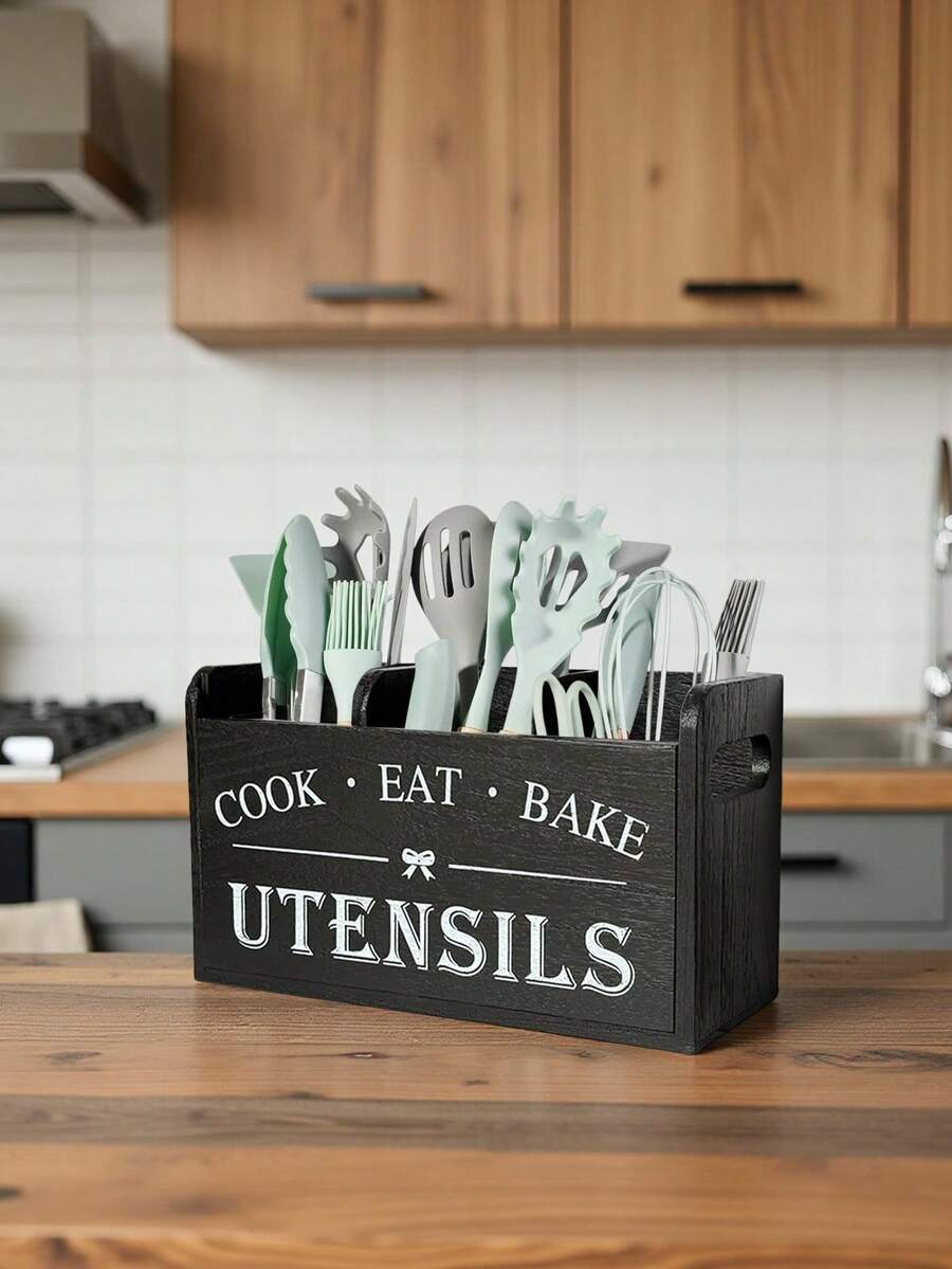 Organizador de utensilios de madera con 3 compartimentos, estante de almacenamiento multifuncional para encimera de cocina, puede contener cucharas, tenedores, cuchillos y otras herramientas de cocina, soporte de cubiertos de madera maciza negra - Multicolor - Ver 1