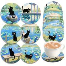 6pcs/Set 10x10cm Waterproof Anti-Slip Wooden Coasters With Black Cat Pattern, Unique Home Decor Gift For Coffee Lovers, Kitchen Decor, Tabletop Decoration. Available In 1 Set Or 31 Sets. - Multicolor - View 8