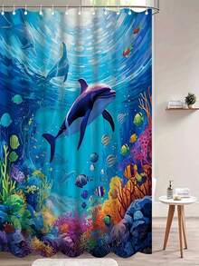1/4件套海豚图案浴帘和地垫，蓝色海洋海底世界浴帘，涤纶防水浴帘带12个挂钩，浴室地垫，U型马桶垫，马桶盖套 - A - 查看 17