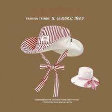 1顶女士条纹抽绳渔夫帽，户外大帽檐防紫外线双面徒步帽，多功能 - 雙面白標條紋 - 查看 5