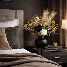 A Luxurious Artificial Flower Bouquet, Featuring Black And White Roses As The Main Elements, Complemented By Golden Spiral Leaf Accents And Cattail Grass. This Faux Flower Arrangement Adds A Gothic Charm To Your Living Room Table Or Bedroom Vanity. - Gold - View 4