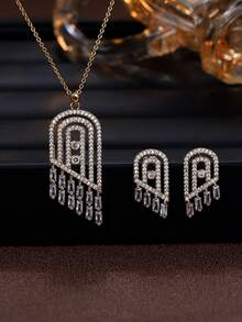 Bộ 2 món trang sức cao cấp đính đá Zirconia tổng hợp, thiết kế hình vòm tua rua, kiểu dáng rỗng, thích hợp làm quà tặng cho phụ nữ. - Bộ vòng cổ và hoa tai - Xem 3