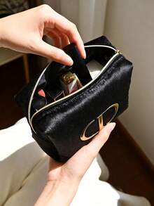 Dior High-End Fashion Black Glossy Gold Logo Velvet Cosmetic Bag - Black - View 8