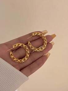 Retro Woven Textured Hoop Earrings, Metallic High-End Fashionable Versatile Earrings - Multicolor - View 2