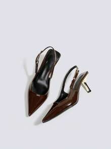 Women's Coffee Brown High Heel Sandals, Kitten Heel Party Dress Pumps, Wedding Formal Shoes, Slingback Pointed Toe Buckle Backless High Heel Pumps - Coffee Brown - View 1