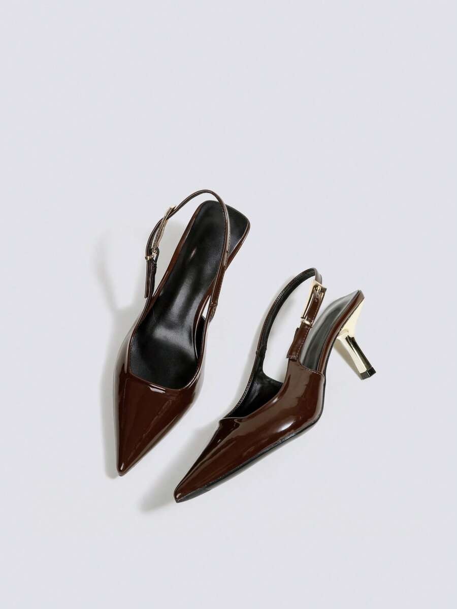 Women's Coffee Brown High Heel Sandals, Kitten Heel Party Dress Pumps, Wedding Formal Shoes, Slingback Pointed Toe Buckle Backless High Heel Pumps - Coffee Brown - View 1