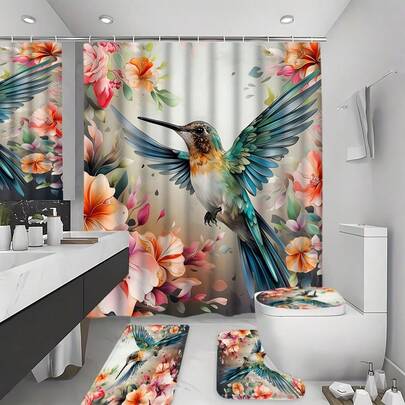 1/4 件套蜂鸟花卉图案浴帘，精美鸟花羽毛粉色花朵现代时尚浴帘，适用于家居浴室装饰，含挂钩