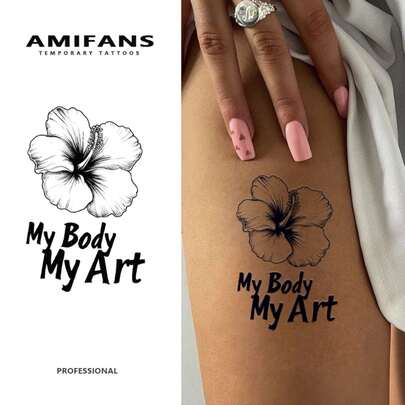 AMIFANS Temporary Hibiscus Flower "My Body My Art" Semi-Permanent Tattoo, Lasting 1-2 Weeks, Tattoo, Fruit Juice Tattoo, Realistic Tattoo, Romantic Tattoo, Fake Tattoo, Waterproof, Authentic Tattoo Appearance, Niche Design Tattoo, Fruit Tattoo, Plant Tattoo