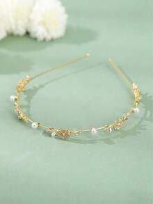 1件珍珠花朵水钻合金极简主义发箍，女士发带，头饰发箍 - 金色 - 查看 4