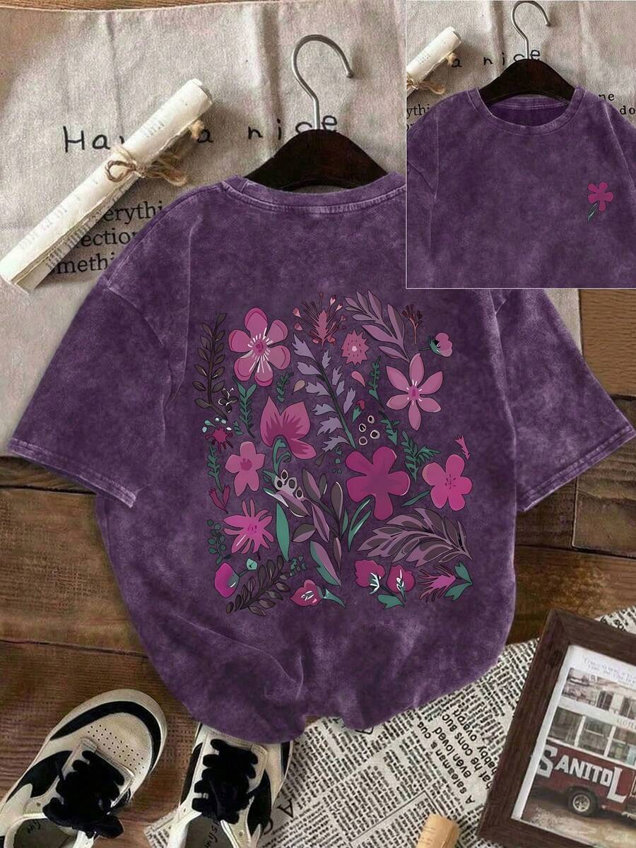 Women's Fun Plant-Embossed And Fashionable Floral Cartoon Letter Print Street Style, Korean-Style Comfortable Retro Fashion Commuting Versatile Y2K Women's Clothing, Regular Niche Punk Style Black Fitted Round Neck Short-Sleeved Washed T-Shirt, Double-Sided Printing,Washed Retro Series Comfortable Pure Cotton T-Shirt, Easily Create Retro Casual Wear, Suitable For Daily Commuting, Casual Outings, And Everyday Wear, Classic Retro Style Women's Clothing. - Màu tím  Violet - Xem 1