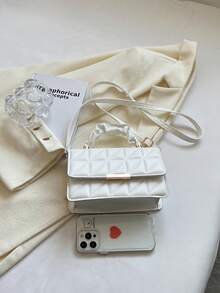 纯色PU皮革拼接蝴蝶结设计翻盖方形斜挎包，适合女性日常通勤、购物、旅行、聚会、闺蜜之夜、节日庆典、生日礼物及派对等场合。 - 白色 - 查看 11