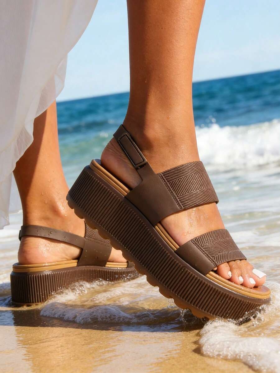 New Platform Water Sandals For Women Comfortable Chunky Wedge Open Toe Shoes Summer Walking Beach Vacation Waterproof Sandals - 巧克力棕 - 查看 1