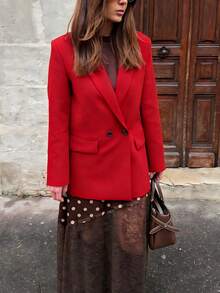 2026春夏红色职业女士西装外套，时尚优雅圣诞新年派对休闲薄款纯色商务双排扣西装夹克 - 紅色 - 查看 8