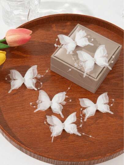 6pcs Lace Triple-Layer Crystal Pearl Butterfly Hair Clips, Suitable For Daily Use