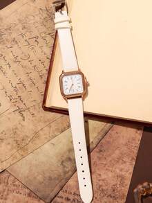 6 PIÈCES Ensemble d'accessoires de style de luxe doux pour femmes (comprenant une montre à quartz cadran carré doré rose avec bracelet  blanc, un bracelet en forme de cœur, un collier en forme de cœur, des boucles d'oreilles clous en forme de cœur, une bague en forme de cœur, un portefeuille  décoré d'un nœud noir). - Blanc - Voir 4