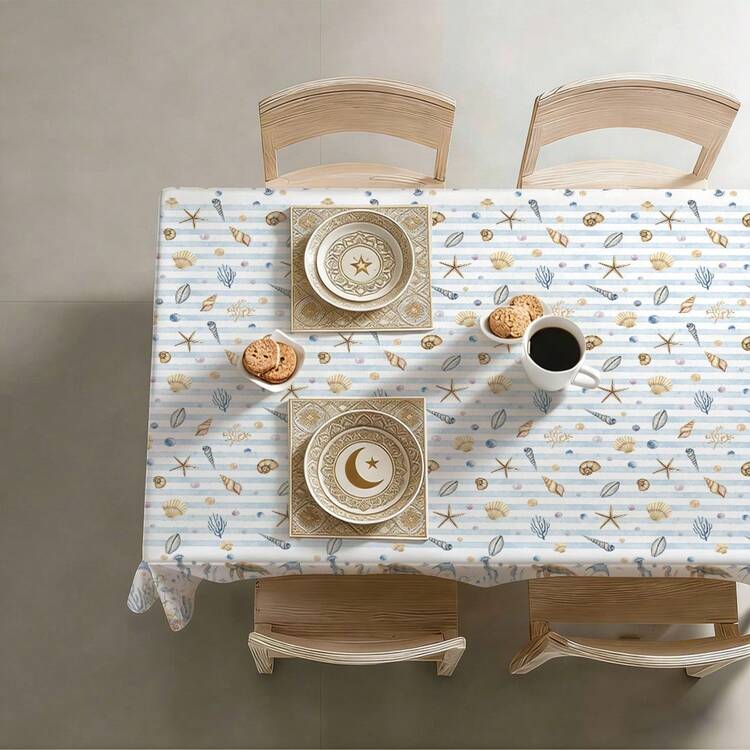 1件夏季海洋贝壳和海龟图案桌布，防水防污，适用于厨房、餐桌、茶几、电视柜、玄关、派对和节日装饰、家居装饰 - 彩色 - 查看 11