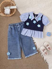 Girls Korean Style Striped Patchwork 2 In 1 Top And Wide Leg Jeans With 3D Floral Decor, 2pcs Set - Royal Blue - View 4