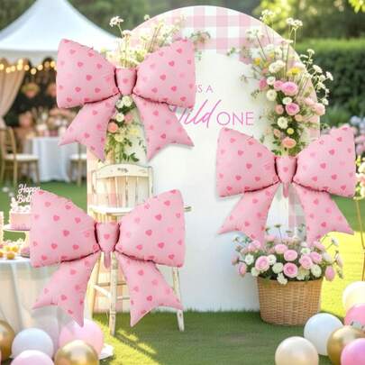 1pc/2pcs Pink Bow Foil Balloons With Magenta Heart Print, Suitable For Room Decor, Birthday Party, Anniversary, Atmosphere Decoration