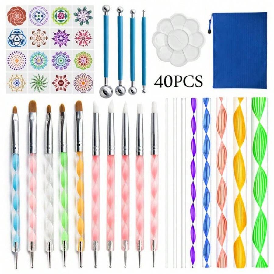 40pcs Mandala Stencil Tool Set, Acrylic Rods, DIY Dotting Painting Brushes - 40-piece Mandala Tool Set - View 1
