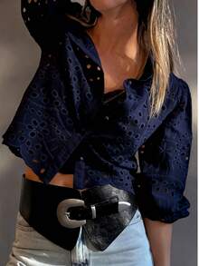 女士休闲日常刺绣单排扣衬衫度假款 - 寶藍色 - 查看 3