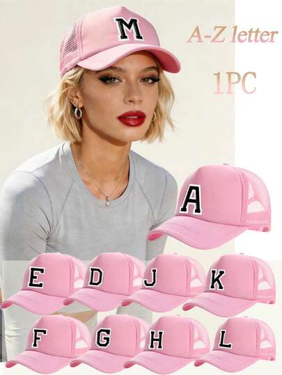 1顶女士个性化A-Z字母网眼棒球帽，轻便透气户外遮阳帽，可调节防晒帽，男女通用简约纯色透气网眼帽，适合户外运动、街头服饰和日常穿着